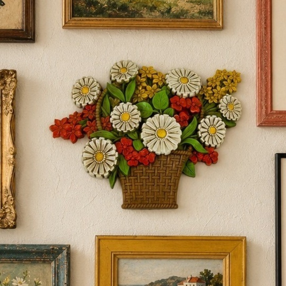 Vintage 1975 Syroco Floral Basket Wall Hanging Plaque 7335 Made in USA MCM Decor